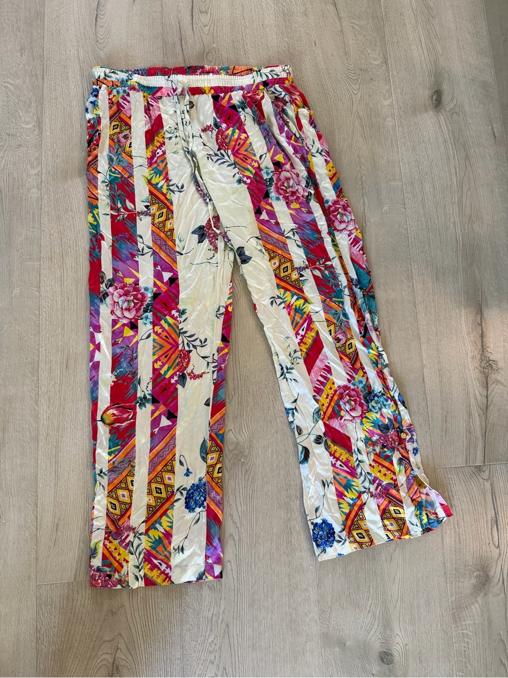 Johnny Was Multicolor Striped Sill Floral Wide-Leg Pants